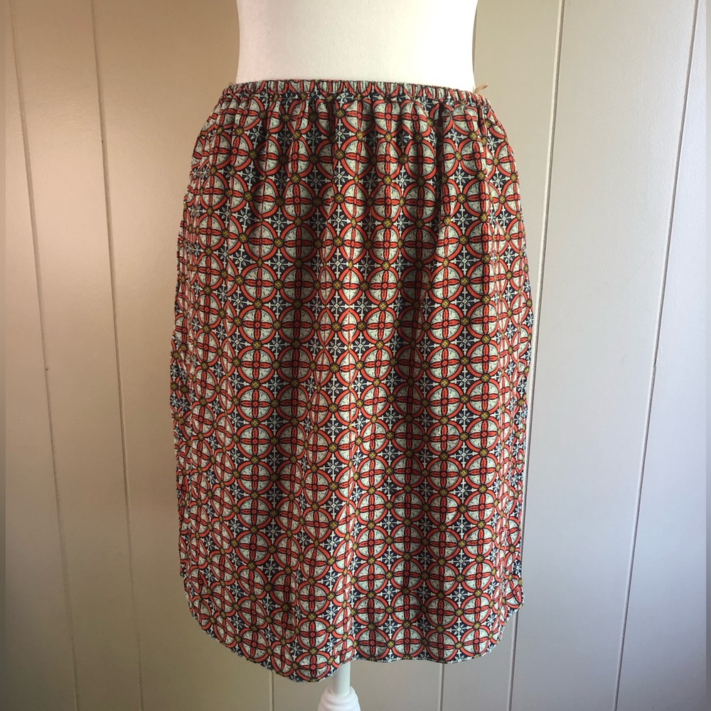 CARVEN Silk Skirt Size 38=US Size 8 Mod Print Orange White Blue Fully Lined
